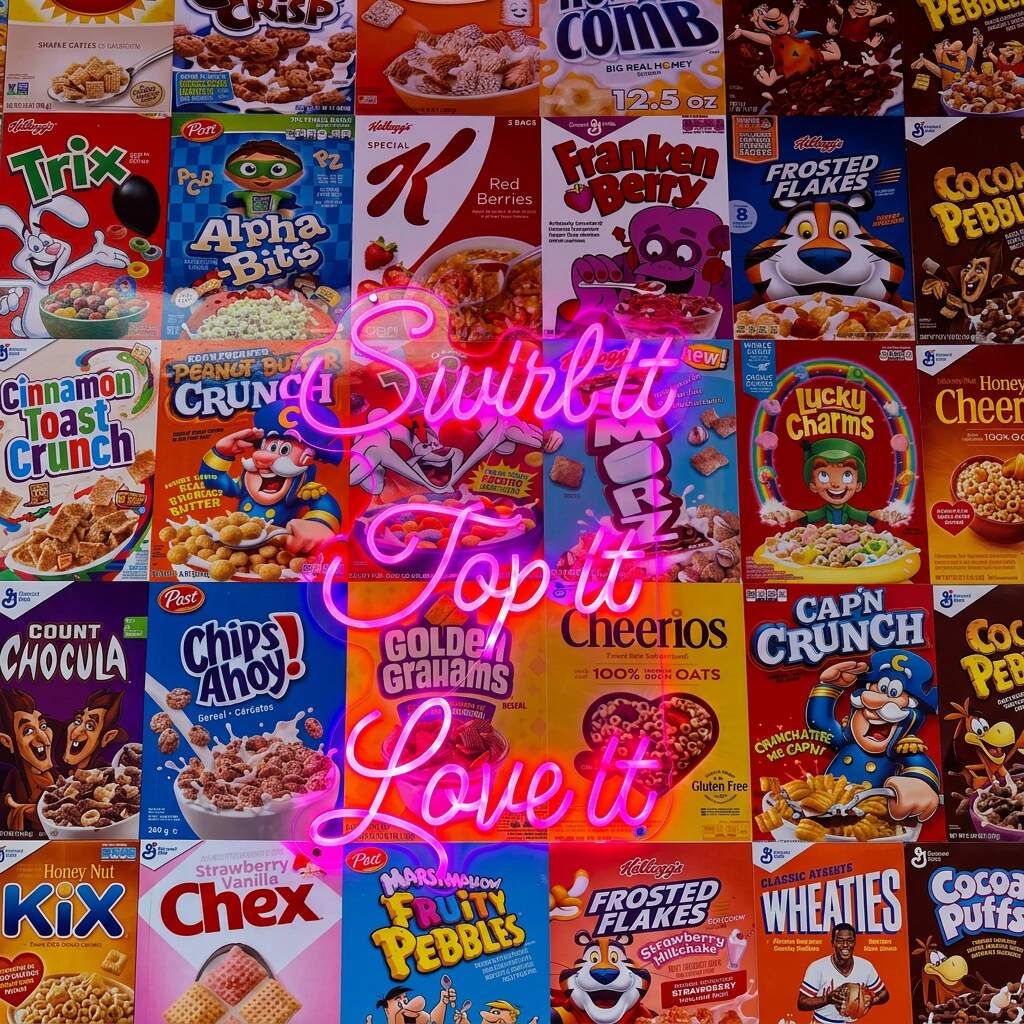 Twisted Spoons cereal wall with pink neon Swirl It Top It Love It sign